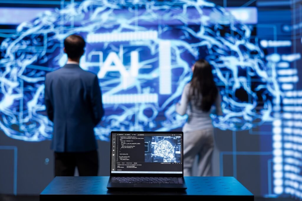 IT engineers using artificial intelligence augmented reality hologram